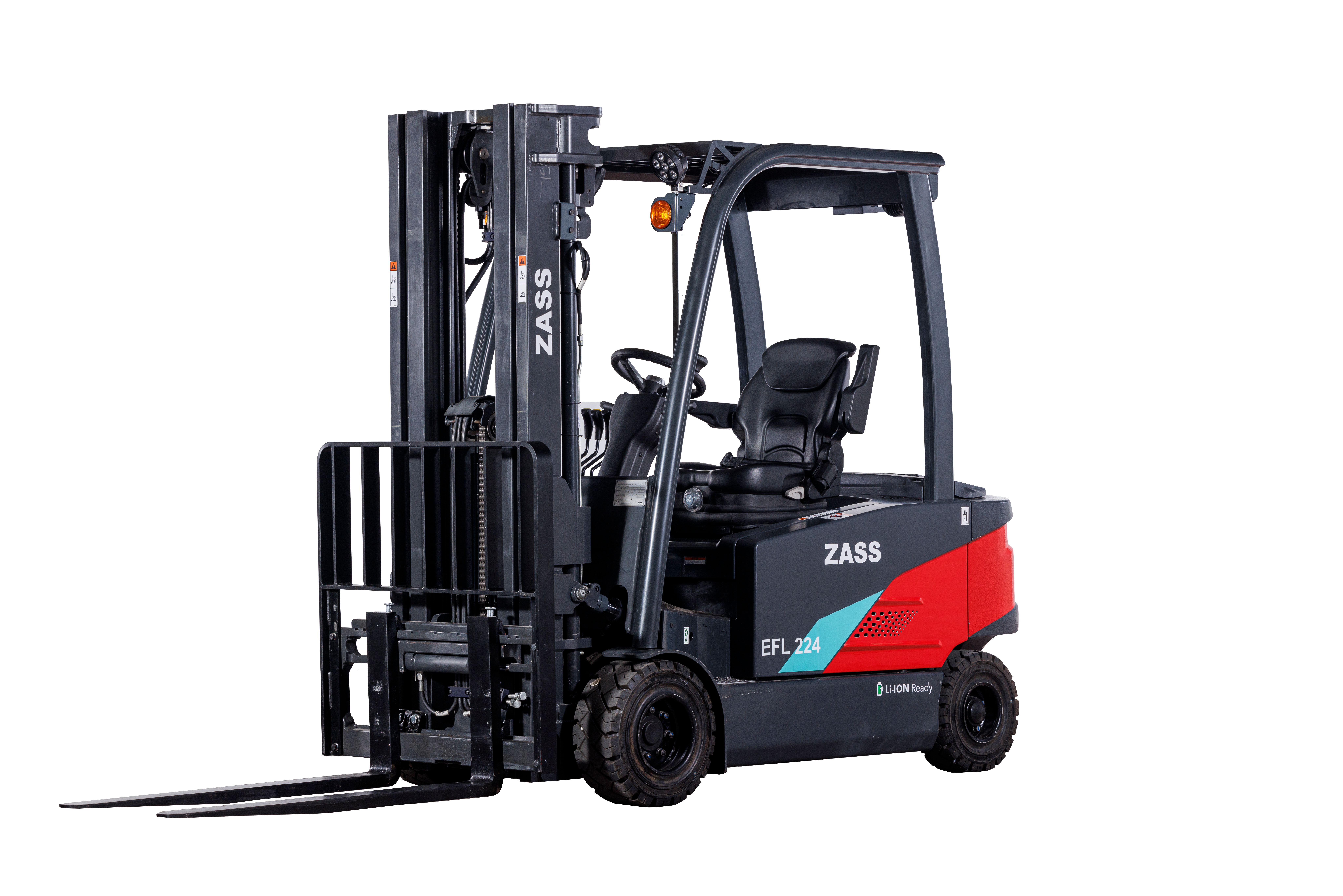 ZASS forklift lifting a load high on warehouse racking
